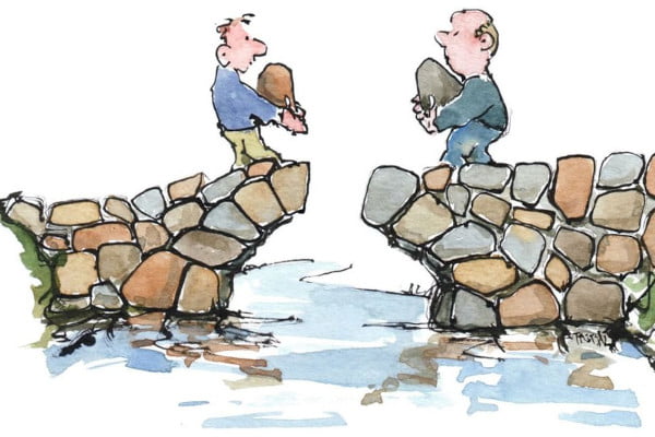 Habilidades sociales. Hombres que construyen un puente el uno hacia el otro